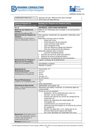 CGPR020- Versión 4.0
The PMI Registered Education Provider logotipo, PMBOK, PMI y PMP son marcas registradas del Project Management Institute,
Inc.
Y SUBSECUENTE TIENE EL PDT. Después del pdt: Material listo para entregar
Otros tipos de dependencia:
CÓDIGO PAQUETE DE
TRABAJO (PDT): SEGÚN EL PDT.
NOMBRE DEL PAQUETE DE TRABAJO (PDT):
SEGÚN EL PDT
4.1.2 MATERIAL LISTO PARA ENTREGAR
OBJETIVO DEL PAQUETE DE
TRABAJO:
PARA QUE SE ELABORA EL PDT.
Elaborar los materiales para entregar a los participantes
del curso.
DESCRIPCIÓN DEL PAQUETE DE
TRABAJO:
QUÉ CONTIENE, EN QUÉ CONSISTE,
CÓMO ES, DIMENSIONES, COTAS, ETC.
Este paquete comprende los siguientes materiales para
el curso:
Materiales impresos para el cliente:
- Silabo del Curso.
- Presentaciones de las sesiones.
- Casos prácticos cada sesión.
- Caso integrador final.
- Guía de referencia rápida del software.
- Guía de configuración del software.
Materiales digitales para el cliente:
- Lecturas complementarias.
• Archivos de inicio de cada caso práctico.
• Material de lectura complementario.
• Ejemplos de cronogramas de otros proyectos.
DESCRIPCIÓN DEL TRABAJO A
REALIZAR (ACTIVIDADES):
CÓMO SE VA A ELABORAR EL PDT.
Lógica o enfoque de la elaboración:
Actividades a realizar:
Realizar la sesión
ASIGNACIÓN DE
RESPONSABILIDADES:
QUIÉNES INTERVIENEN, Y QUE ROL
DESEMPEÑAN EN LA ELABORACIÓN.
Responsable: CH
Participa:
Apoya:
Revisa:
Aprueba: AV
Da información:
FECHAS PROGRAMADAS:
CUÁNDO SE VA A ELABORAR EL PDT.
Inicio:
Fin:
Hitos importantes:
CRITERIOS DE ACEPTACIÓN:
QUIÉN, Y CÓMO SE DARÁ POR VALIDO Y
ACEPTADO EL PDT.
Stakeholder que acepta: AV
Requisitos que deben cumplirse: el contenido debe ser
comprensible
Forma en que se aceptará:
- Recepción de los materiales del curso (1).
- Revisión de los materiales (2).
- Emisión del informe de control de calidad de los
materiales (3).
- Espera de respuesta del responsable del
entregable (4).
- Levantamiento y/o corrección de las
observaciones formuladas en el informe de control
de calidad (5).
- Repetir los pasos del 1 al 5, hasta que no se
formule observación alguna del silabo.
- Dar como aprobado los materiales del curso.
SUPUESTOS: SITUACIONES QUE SE
TOMAN COMO VERDADERAS, REALES, O
CIERTAS, PARA EFECTOS DE LA
PLANIFICACIÓN DEL PDT.
RIESGOS: EVENTOS CUYA
 