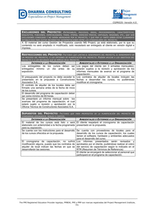 CGPR020- Versión 4.0
The PMI Registered Education Provider logotipo, PMBOK, PMI y PMP son marcas registradas del Project Management Institute,
Inc.
EXCLUSIONES DEL PROYECTO: ENTREGABLES, PROCESOS, ÁREAS, PROCEDIMIENTOS, CARACTERÍSTICAS,
REQUISITOS, FUNCIONES, ESPECIALIDADES, FASES, ETAPAS, ESPACIOS FÍSICOS, VIRTUALES, REGIONES, ETC., QUE SON
EXCLUSIONES CONOCIDAS Y NO SERÁN ABORDADAS POR EL PROYECTO, Y QUE POR LO TANTO DEBEN ESTAR CLARAMENTE
ESTABLECIDAS PARA EVITAR INCORRECTAS INTERPRETACIONES ENTRE LOS STAKEHOLDERS DEL PROYECTO.
1. El material del curso Gestión de Proyectos usando MS Project, ya está elaborado, por lo que su
contenido no será ampliado ni modificado, solo necesitará ser entregado al cliente en versión digital e
impresa.
RESTRICCIONES DEL PROYECTO: FACTORES QUE LIMITAN EL RENDIMIENTO DEL PROYECTO, EL RENDIMIENTO DE
UN PROCESO DEL PROYECTO, O LAS OPCIONES DE PLANIFICACIÓN DEL PROYECTO. PUEDEN APLICAR A LOS OBJETIVOS DEL
PROYECTO O A LOS RECURSOS QUE SE EMPLEA EN EL PROYECTO.
INTERNOS A LA ORGANIZACIÓN AMBIENTALES O EXTERNOS A LA ORGANIZACIÓN
Los entregables de los cursos deben ser
entregados mínimo un día antes de su
exposición.
Los pagos del cliente (en 3 armadas mensuales),
estarán sujetos a la revisión y aprobación de los
informes mensuales de avance en el programa de
capacitación.
El presupuesto del proyecto no debe exceder lo
presentado en la propuesta a Constructores
Asociados S.A.
Los contratos de alquiler de locales incluyen las
fechas a desarrollar los cursos, no pudiéndose
modificar el cronograma.
El contrato de alquiler de los locales debe ser
firmado una semana antes de la fecha de inicio
de los cursos.
El desarrollo del programa de capacitación deber
ser como mínimo de 60 horas.
Se presentará un informe mensual sobre los
avances del programa de capacitación, el cual
estará sujeto a revisión y aprobación por la
Oficina Técnica de Constructores Asociados S.A.
SUPUESTOS DEL PROYECTO: FACTORES QUE PARA PROPÓSITOS DE LA PLANIFICACIÓN DEL PROYECTO SE
CONSIDERAN VERDADEROS, REALES O CIERTOS.
INTERNOS A LA ORGANIZACIÓN AMBIENTALES O EXTERNOS A LA ORGANIZACIÓN
El material de los cursos está listo o será
elaborado con anterioridad a la fecha programada
para su exposición.
El cliente respetará el cronograma de capacitación
presentado en la propuesta.
Se cuenta con los instructores para el desarrollo
de los cursos ofrecidos en la propuesta.
Se cuenta con proveedores de locales para el
desarrollo de los cursos de capacitación, los cuales
tienen el software, hardware y ambientes adecuados
para el desarrollo del curso.
El cronograma de capacitación, no sufrirá
modificación alguna, puesto que los contratos de
alquiler de local indican las fechas en que se
desarrollarán las sesiones.
Los informes presentados serán revisados y
aprobados por el cliente, pudiéndose realizar el cobro
del servicio de capacitación según lo indicado en el
RTR (Resumen de Términos de Referencia)
El cliente se encargará de seleccionar al personal que
participará en el programa de capacitación.
 