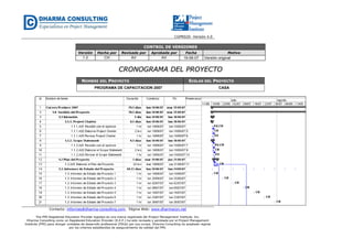 CGPR020- Versión 4.0
Contacto: informes@dharma-consulting.com, Página Web: www.dharmacon.net
The PMI Registered Education Provider logotipo es una marca registrada del Project Management Institute, Inc.
Dharma Consulting como un Registered Education Provider (R.E.P.) ha sido revisada y aprobada por el Project Management
Institute (PMI) para otorgar unidades de desarrollo profesional (PDUs) por sus cursos. Dharma Consulting ha aceptado regirse
por los criterios establecidos de aseguramiento de calidad del PMI.
CONTROL DE VERSIONES
Versión Hecha por Revisada por Aprobada por Fecha Motivo
1.0 CH AV AV 19-06-07 Versión original
CCRROONNOOGGRRAAMMAA DDEELL PPRROOYYEECCTTOO
NOMBRE DEL PROYECTO SIGLAS DEL PROYECTO
PROGRAMA DE CAPACITACION 2007 CASA
 