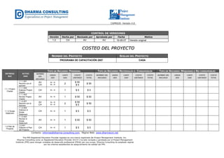 CGPR020- Versión 4.0
Contacto: informes@dharma-consulting.com, Página Web: www.dharmacon.net
The PMI Registered Education Provider logotipo es una marca registrada del Project Management Institute, Inc.
Dharma Consulting como un Registered Education Provider (R.E.P.) ha sido revisada y aprobada por el Project Management
Institute (PMI) para otorgar unidades de desarrollo profesional (PDUs) por sus cursos. Dharma Consulting ha aceptado regirse
por los criterios establecidos de aseguramiento de calidad del PMI.
CONTROL DE VERSIONES
Versión Hecha por Revisada por Aprobada por Fecha Motivo
1.0 CH AV AV 19-06-07 Versión original
CCOOSSTTEEOO DDEELL PPRROOYYEECCTTOO
NOMBRE DEL PROYECTO SIGLAS DEL PROYECTO
PROGRAMA DE CAPACITACIÓN 2007 CASA
ENTREGA
BLE
ACTIVI
DAD
TIPO DE RECURSO: PERSONAL TIPO DE RECURSO: MATERIALES O CONSUMIBLES TIPO DE RECURSO: MÁQUINAS O NO CONSUMIBLES
NOMBRE
DEL
RECURSO
UNIDA
DES
CANTI
DAD
COSTO
UNITARIO
COSTO
TOTAL
NOMBRE DEL
RECURSO
UNIDA
DES
CANTI
DAD
COSTO
UNITARIO
COSTO
TOTAL
NOMBRE DEL
RECURSO
UNIDA
DES
CANTI
DAD
COSTO
UNITARIO
COSTO
TOTAL
1.1.1 Project
Charter
1.1.1.A01
Reunión con el
sponsor
AV
CH
Hr - H
Hr - H
2
$ 50
$ 5
$ 55
1.1.1.A02
Elaborar Project
Charter
CH Hr - H 1 $ 5 $ 5
1.1.1.A03
Revisar Project
Charter
AV Hr - H 1 $ 50 $ 50
1.1.2 Scope
Statement
1.1.2.A01
Reunión con el
Sponsor
AV
CH
Hr - H
Hr - H
2
$ 50
$ 5
$ 55
1.1.2.A02
Elaborar el
Scope
Statement
CH Hr - H 1 $ 5 $ 5
1.1.2.A03
Revisar el
Scope
Statement
AV Hr - H 1 $ 50 $ 50
1.2 Plan de
Proyecto
1.2.A01
Elaborar el Plan
del Proyecto
CH Hr - H 1 $ 5 $ 5
 