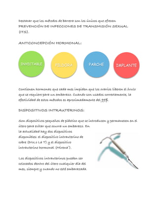 Destacar que los métodos de barrera son los únicos que ofrecen
PREVENCIÓN DE INFECCIONES DE TRANSMISIÓN SEXUAL
(ITS).
ANTICONCEPCIÓN HORMONAL:
Contienen hormonas que cada mes impiden que los ovarios liberen el óvulo
que se requiere para un embarazo. Cuando son usados correctamente, la
efectividad de estos métodos es aproximadamente del 99%.
DISPOSITIVOS INTRAUTERINOS:
Son dispositivos pequeños de plástico que se introducen y permanecen en el
útero para evitar que ocurra un embarazo. En
la actualidad hay dos dispositivos
disponibles: el dispositivo intrauterino de
cobre (DIU o La T) y el dispositivo
intrauterino hormonal (Mirena©).
Los dispositivos intrauterinos pueden ser
colocados dentro del útero cualquier día del
mes, siempre y cuando no esté embarazada.
PILDORAINYECTABLE PARCHE IMPLANTE
 