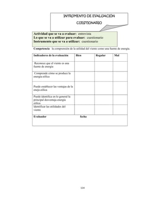114 
 
Competencia la comprensión de la utilidad del viento como una fuente de energía.
Indicadores de la evaluación Bien Regular Mal
Reconoce que el viento es una
fuente de energía
Comprende cómo se produce la
energía eólica
Puede establecer las ventajas de la
eneja eólica
Puede identifica en lo general la
principal desventaja energía
eólica
Identificar las utilidades del
viento
Evaluador fecha
Actividad que se va a evaluar: entrevista
Lo que se va a utilizar para evaluar: cuestionario
Instrumento que se va a utilizar: cuestionario
INTRUMENTO DE EVALUACIÓN
CUESTIONARIO  
 