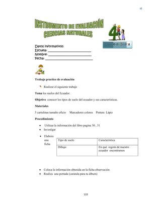  
Datos in
Escuela:
Nombre:
Fecha: __
  
Trabajo p
Re
Tema los
Objetivo
Materiale
5 cartulina
Procedim
 Ut
 Inv
 El
un
fic
 
 Co
 Re
 
nformativo
: _________
: ________
___________
practico de
ealizar el sig
suelos del E
conocer los
es
as tamaño o
miento
tilizar la inf
vestigar
labora
na
cha
oloca la info
ealiza una p
Ti
D
os:
__________
__________
__________
e evaluación
guiente trab
Ecuador.
s tipos de su
oficio Ma
formación d
ormación ob
portada (car
ipo de suelo
ibujo
133
__________
__________
__________
n
ajo
uelo del ecu
arcadores co
del libro pag
btenida en la
ratula para tu
o
3 
____
____
_____
uador y sus
olores Pint
gina 30 , 31
a ficha obse
u álbum)
C
E
e
característi
tura Lápiz
ervación
Característic
En qué regió
cuador enc
Cuart
cas.
ca
ón de nuest
contramos
to de Básic
tro
Bloqu
2
ca
ue
 