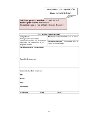 143 
 
 
 
 
Actividad que se va a evaluar: Exposición oral
Técnica para evaluar: Observación
Instrumento que se va a utilizar: Registro descriptivo
REGISTRO DESCRIPTIVO
Competencia
Participación e intercambio
comunicativos orales con propiedades
adecuados y la contestación de las
preguntas escritas
Momento de la evaluación : aula de clases
Actividad evaluada. Conversación sobre la
conservación del suelo.
Participantes de la conversación:
Describir lo observado
Interpretación de lo observado
Alto
Medio
Bajo
No lo logro
Evaluador firma fecha
INTRUMENTO DE EVALUACIÓN
REGISTRO DESCRIPTIVO  
 