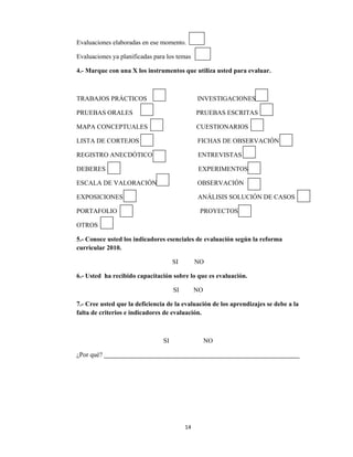 14 
 
Evaluaciones elaboradas en ese momento.
Evaluaciones ya planificadas para los temas
4.- Marque con una X los instrumentos que utiliza usted para evaluar.
TRABAJOS PRÁCTICOS INVESTIGACIONES
PRUEBAS ORALES PRUEBAS ESCRITAS
MAPA CONCEPTUALES CUESTIONARIOS
LISTA DE CORTEJOS FICHAS DE OBSERVACIÓN
REGISTRO ANECDÓTICO ENTREVISTAS
DEBERES EXPERIMENTOS
ESCALA DE VALORACIÓN OBSERVACIÓN
EXPOSICIONES ANÁLISIS SOLUCIÓN DE CASOS
PORTAFOLIO PROYECTOS
OTROS
5.- Conoce usted los indicadores esenciales de evaluación según la reforma
curricular 2010.
SI NO
6.- Usted ha recibido capacitación sobre lo que es evaluación.
SI NO
7.- Cree usted que la deficiencia de la evaluación de los aprendizajes se debe a la
falta de criterios e indicadores de evaluación.
SI NO
¿Por qué? ____________________________________________________________
 
 