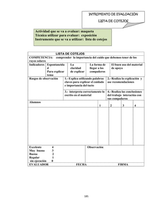 185 
 
Actividad que se va a evaluar: maqueta
Técnica utilizar para evaluar: exposición
Instrumento que se va a utilizar: lista de cotejos
LISTA DE COTEJOS
COMPETENCIA: comprender la importancia del cuido que debemos tener de los
rayos solares
Indicadores Espontaneida
d
Para explicar
tema
La
claridad
de explicar
La forma de
llegar a los
compañeros
El buen uso del material
de apoyo
Rasgos de observación 1.- Explica utilizando palabras
claves para explicar el cuidado
e importancia del tacto
2.- Realiza la explicación y
ase recomendaciones
3.- interpreta correctamente lo
escrito en el material
4.- Realiza las conclusiones
del trabajo interactúa con
sus compañeros
Alumnos
1 2 3 4
Excelente 4
Muy buena 3
Buena 2
Regular 1
sin ejecución 0
Observación
EVALUADOR FECHA FIRMA
INTRUMENTO DE EVALUACIÓN
LISTA DE COTEJOS  
 