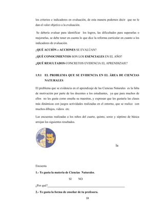  
los criterio
dan el valo
Se deberí
mejorarlas
indicadore
¿QUÉ AC
¿QUÉ CO
¿QUÉ RE
1.9.1 EL
NA
El problem
de motiva
ellos no l
más dinám
muchos di
Las encue
arrojan los
Encuesta
1.- Te gus
¿Por qué?_
2.- Te gus
os e indicad
or objetivo
ía evaluar p
s, se debe te
es de evalua
CCIÓN o A
ONOCIMIE
ESULTADO
L PROBLE
ATURALE
ma que se e
ación por pa
les gusta co
micas con ju
ibujos, vide
estas realiza
s siguientes
sta la mater
__________
sta la forma
 
dores en ev
a la evaluac
para identif
ener en cue
ación.
ACCIONES
ENTOS SO
OS CONCR
EMA QUE
ES
evidencia en
arte de los
omo enseña
uegos activ
eos etc.
adas a los n
resultados.
ria de Cien
SI
__________
a de enseña
UNIV
Faculta
18
valuación, d
ción.
ficar los l
enta lo que
S SE EVAL
ON LOS ES
RETOS EV
SE EVID
n el aprendi
docentes a
a su maestr
vidades real
niños del c
.
ncias Natur
NO
__________
ar de tu pro
VERSIDA
SALE
ad de Cien
Edu
Carrera d
8 
de esta man
logros, las
dice la refo
LÚAN?
SENCIALE
VIDENCIA E
ENCIA EN
izaje de las
los estudia
ras, y expre
lizadas en e
cuarto, quin
rales.
__________
ofesora.
AD POLIT
ESIANA
cias Hum
ucación
de Pedago
nera podem
dificultades
orma curricu
ES EN EL A
EL APREN
N EL ÁRE
Ciencias N
antes, ya q
esan que les
el entorno,
nto, sexto y
__________
TÉCNICA
anas y de
ogía
mos decir q
s para supe
ular en cuan
AÑO?
NDIZAJE?
EA DE CIE
Naturales es
que para mu
s gustaría la
que se real
y séptimo d
_______
la
que no le
erarlas o
nto a los
ENCIAS
s la falta
uchos de
as clases
lice con
de básica
 