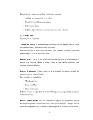 36 
 
Las estrategias a seguir para analizar y solucionar los casos:
 Analizar un caso escrito o en un video.
 Describir, los problemas presentados.
 Dar solución al caso
 Explicar el procedimiento que realizó para encontrar solución.
2.2.10 PRUEBAS:
Clasificación de las pruebas
Pruebas de ensayo es un instrumento de evaluación que permite conocer cuáles
son las habilidades y debilidades de los estudiantes.
Las destrezas que se puede lograr es genera ideas, elaborar esquemas, lograr una
secuencia lógica en la escritura entre otros.
Pruebas orales es en la que el docente formula una serie de preguntas que el
alumno debe contestar. Donde se puede evaluar la capacidad del estudiante para
contestar preguntas difíciles.
Pruebas de ejecución (trabajo práctico o de aplicación) se usa para evaluar los
trabajos prácticos o de aplicación.
Para los cuales se puede hacer
 Manejar aparatos
 Pintar o moldear
 Hacer cuadros, etc.
Podemos evaluar la capacidad de utilizar el tiempo, aseo, originalidad, manejo de
material entre otros.
Pruebas a libro abierto tiene una característica especial los estudiantes pueden
resolver estas pruebas consultar en varios libros que se disponga. Aunque muchas
veces en estas pruebas solo se evidencia la transcripción de lo que está en los libros.
 