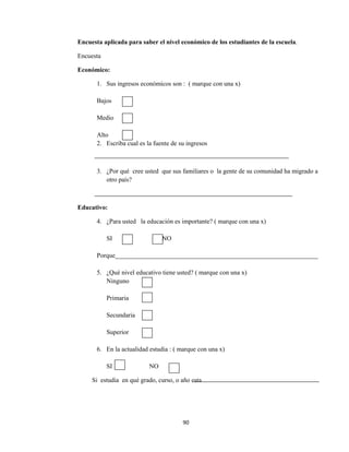 90 
 
Encuesta aplicada para saber el nivel económico de los estudiantes de la escuela.
Encuesta
Económico:
1. Sus ingresos económicos son : ( marque con una x)
Bajos
Medio
Alto
2. Escriba cual es la fuente de su ingresos
3. ¿Por qué cree usted que sus familiares o la gente de su comunidad ha migrado a
otro país?
Educativo:
4. ¿Para usted la educación es importante? ( marque con una x)
SI NO
Porque_______________________________________________________________
5. ¿Qué nivel educativo tiene usted? ( marque con una x)
Ninguno
Primaria
Secundaria
Superior
6. En la actualidad estudia : ( marque con una x)
SI NO
Si estudia en qué grado, curso, o año esta
 