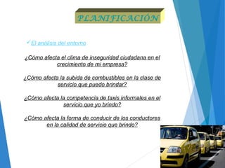El análisis del entorno
¿Cómo afecta el clima de inseguridad ciudadana en el 
crecimiento de mi empresa?
¿Cómo afecta la subida de combustibles en la clase de 
servicio que puedo brindar?
¿Cómo afecta la competencia de taxis informales en el 
servicio que yo brindo?
¿Cómo afecta la forma de conducir de los conductores 
en la calidad de servicio que brindo?
PLANIFICACIÓN
 