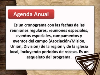 Es un cronograma con las fechas de las
reuniones regulares, reuniones especiales,
eventos especiales, campamentos y
eventos del campo (Asociación/Misión,
Unión, División) de la región y de la iglesia
local, incluyendo periodos de receso. Es un
esqueleto del programa.
Agenda Anual
 