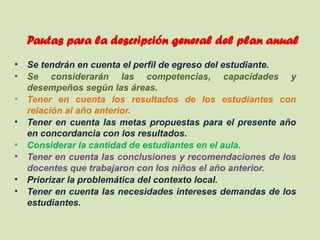 Pautas para la descripción general del plan anual
• Se tendrán en cuenta el perfil de egreso del estudiante.
• Se considerarán las competencias, capacidades y
desempeños según las áreas.
• Tener en cuenta los resultados de los estudiantes con
relación al año anterior.
• Tener en cuenta las metas propuestas para el presente año
en concordancia con los resultados.
• Considerar la cantidad de estudiantes en el aula.
• Tener en cuenta las conclusiones y recomendaciones de los
docentes que trabajaron con los niños el año anterior.
• Priorizar la problemática del contexto local.
• Tener en cuenta las necesidades intereses demandas de los
estudiantes.
 