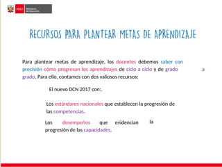 Para plantear metas de aprendizaje, los docentes debemos saber con
precisión cómo progresan los aprendizajes de ciclo a ciclo y de grado
grado. Para ello, contamos con dos valiosos recursos:
a
Los estándares nacionales que establecen la progresión de
las competencias.
Los desempeños que evidencian la
progresión de las capacidades.
El nuevo DCN 2017 con:.
 