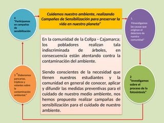 Cuidemos nuestro ambiente, realizando
Campañas de Sensibilización para preservar la
vida en nuestro planeta”
En la comunidad de la Collpa - Cajamarca;
los pobladores realizan tala
indiscriminada de árboles, en
consecuencia están atentando contra la
contaminación del ambiente.
Siendo conscientes de la necesidad que
tienen nuestros estudiantes y la
comunidad en general de conocer, aplicar
y difundir las medidas preventivas para el
cuidado de nuestro medio ambiente, nos
hemos propuesto realizar campañas de
sensibilización para el cuidado de nuestro
ambiente.
4
“Participamos
en campañas
de
sensibilización
3 “Elaboramos
pancartas,
trípticos y
volantes sobre
la
contaminación
ambiental.”
2
“Investigamos
sobre el
proceso de la
fotosíntesis”
1.
«Investigamos
las causas que
originan el
deterioro de
nuestra
comunidad”
 