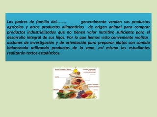 Los padres de familia del……… generalmente venden sus productos
agrícolas y otros productos alimenticios de origen animal para comprar
productos industrializados que no tienen valor nutritivo suficiente para el
desarrollo integral de sus hijos. Por lo que hemos visto conveniente realizar
acciones de investigación y de orientación para preparar platos con comida
balanceada utilizando productos de la zona, así mismo los estudiantes
realizarán textos estadísticos.
 