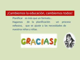Planificar
Hagamos
reflexivo,
es más que un formato…
de la planificación un proceso
que se ajuste a las necesidades de
nuestros niños y niñas.
¡Cambiemos la educación, cambiemos todos!
 