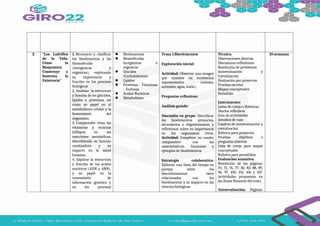 2. "Los Ladrillos
de la Vida:
Cómo la
Bioquímica
Construye y
Sustenta la
Existencia"
1. Reconocer y clasificar
los bioelementos y las
biomoléculas
(inorgánicas y
orgánicas), explicando
su importancia y
función en los procesos
biológicos.
2. Analizar la estructura
y función de los glúcidos,
lípidos y proteínas, así
como su papel en el
metabolismo celular y la
homeostasis del
organismo.
3. Comprender cómo las
vitaminas y enzimas
influyen en las
reacciones metabólicas,
describiendo su función
catalizadora y su
impacto en la salud
humana.
4. Explicar la estructura
y función de los ácidos
nucleicos (ADN y ARN),
y su papel en la
transmisión de
información genética y
en los procesos
 Bioelementos
 Biomoléculas
inorgánicas e
orgánicas
 Glúcidos
(Carbohidratos)
 Lípidos
 Proteínas – Vitaminas
– Enzimas
 Ácidos Nucleicos
 Metabolismo
Tema 1.Bioelementos
Exploración inicial:
Actividad: Observar una imagen
que muestre un ecosistema
representativo (árboles,
animales, agua, suelo).
Preguntas reflexivas:
Análisis guiado:
Discusión en grupo: Identificar
los bioelementos primarios,
secundarios y oligoelementos, y
reflexionar sobre su importancia
en los organismos vivos.
Actividad: Completar un cuadro
comparativo con las
características, funciones y
ejemplos de bioelementos.
Estrategia colaborativa:
Elaborar una línea del tiempo en
parejas sobre los
descubrimientos clave
relacionados con los
bioelementos y su impacto en las
ciencias biológicas.
Técnica:
Observaciones directas
Discusiones reflexiones
Resolución de problemas
Autoevaluación y
Coevaluación
Evaluación por proyectos
Pruebas escritas
Mapas conceptuales
Portafolio
Instrumento:
Listas de cotejo o Rúbricas
Diarios reflexivos
Guía de actividades
Estudios de caso
Cuadros de autoevaluación y
coevaluación
Rúbrica para proyectos
Pruebas objetivas o
preguntas abiertas
Lista de cotejo para mapas
conceptuales
Rúbrica para portafolios
Evaluación sumativa:
Resolución de las páginas:
70, 71, 76, 77, 82, 83, 88, 89,
96, 97, 100, 101, 106 y 107.
Actividades propuestas en
las Zonas flotantes del texto.
Autoevaluación: Páginas:
10 semanas
 