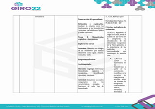 metabólicos.
Construcción del aprendizaje:
Definición y explicación:
Analizar la relación entre los
bioelementos y las biomoléculas
(proteínas, carbohidratos, lípidos
y ácidos nucleicos).
Tema 2. Biomoléculas
orgánicas e inorgánicas
Exploración inicial:
Actividad: Observar una imagen
de un ecosistema que incluya
elementos como agua, plantas,
animales y suelo.
Preguntas reflexivas
Análisis guiado:
Discusión en grupo: Diferenciar
biomoléculas orgánicas e
inorgánicas, identificando
ejemplos y funciones.
Actividad: Completar un cuadro
comparativo con las
características, ejemplos y
funciones de cada tipo de
biomolécula.
71, 77, 83, 89,97,101 y 107
Coevaluación: Páginas: 71,
77, 83, 89,97,101 y 107
Criterio e indicadores de
evaluación
CE.CN.B.5.1. Argumenta el
origen de la vida, desde el
análisis de las teorías de
la abiogénesis, la
identificación de los
elementos y compuestos
de la Tierra primitiva y
la importancia de las
moléculas y
macromoléculas que
constituyen la materia
viva.
 I.CN.B.5.1.2
Explica la
importancia de
las
biomoléculas a
partir de la
sustentación
científica y/o la
ejecución de
experimentos
sencillos sobre
los procesos de
abiogénesis,
características
básicas,
estructura,
diversidad y
 