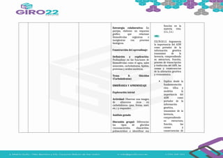 Estrategia colaborativa: En
parejas, elaborar un esquema
gráfico que relacione
biomoléculas orgánicas e
inorgánicas con procesos
biológicos.
Construcción del aprendizaje:
Definición y explicación:
Profundizar en las funciones de
biomoléculas como el agua, sales
minerales, carbohidratos, lípidos,
proteínas y ácidos nucleicos.
Tema 3: Glúcidos
(Carbohidratos)
ENSEÑANZA Y APRENDIZAJE
Exploración inicial
Actividad: Observar una imagen
de alimentos ricos en
carbohidratos (pan, frutas, miel,
etc.) y responder:
Análisis guiado
Discusión grupal: Diferenciar
los tipos de glúcidos
(monosacáridos, disacáridos,
polisacáridos) e identificar sus
función en la
materia viva.
(I.3., I.4.)
CE.CN.B.5.3. Argumenta
la importancia del ADN
como portador de la
información genética
transmisor de la
herencia, comprendiendo
su estructura, función,
proceso de transcripción
y traducción del ARN, las
causas y consecuencias
de la alteración genética
y cromosómica.
 Explica desde la
fundamentación
cien- tífica y
modelos la
importancia del
ADN como
portador de la
información
genética,
transmisor de la
herencia,
comprendiendo
su estructura,
función, las
causas y
consecuencias de
 