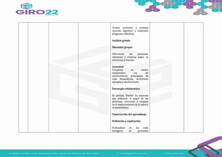 (frutas, verduras) y enzimas
(proceso digestivo) y responder
preguntas reflexivas
Análisis guiado
Discusión grupal:
Diferenciar las proteínas,
vitaminas y enzimas según su
estructura y función.
Actividad:
Completar un cuadro
comparativo con las
características principales de
cada biomolécula, incluyendo
ejemplos y sus funciones.
Estrategia colaborativa:
En parejas, diseñar un esquema
que relacione el papel de las
proteínas, vitaminas y enzimas
en el mantenimiento de la salud y
el metabolismo.
Construcción del aprendizaje
Definición y explicación:
Profundizar en los roles
biológicos de proteínas,
 