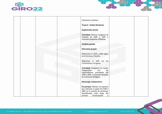vitaminas y enzimas.
Tema 6: Ácidos Nucleicos
Exploración inicial
Actividad: Observa imágenes de
modelos de ADN y ARN y
responde preguntas reflexivas.
Análisis guiado
Discusión grupal:
Diferenciar el ADN y ARN según
su estructura y función.
Relacionar el ADN con los
cromosomas y los genes.
Actividad: Completar un cuadro
comparativo con las
características principales del
ADN y ARN, incluyendo ejemplos
de su función biológica.
Estrategia colaborativa:
En parejas: Diseñar un esquema
que relacione el papel del ADN y
ARN en la síntesis de proteínas,
identificando cada etapa del
proceso (transcripción y
 