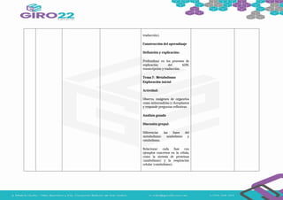 traducción).
Construcción del aprendizaje
Definición y explicación:
Profundizar en los procesos de
replicación del ADN,
transcripción y traducción.
Tema 7: Metabolismo
Exploración inicial
Actividad:
Observa imágenes de organelos
como mitocondrias y cloroplastos
y responde preguntas reflexivas:
Análisis guiado
Discusión grupal:
Diferenciar las fases del
metabolismo: anabolismo y
catabolismo.
Relacionar cada fase con
ejemplos concretos en la célula,
como la síntesis de proteínas
(anabolismo) y la respiración
celular (catabolismo).
 