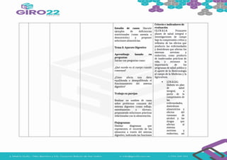 Estudio de casos: Discutir
ejemplos de deficiencias
nutricionales (como anemia o
desnutrición) y proponer
soluciones alimenticias.
Tema 3: Aparato Digestivo
Aprendizaje basado en
preguntas:
Iniciar con preguntas como:
¿Qué sucede en el cuerpo cuando
comemos?
¿Cómo afecta una dieta
equilibrada o desequilibrada el
funcionamiento del sistema
digestivo?
Trabajo en parejas:
Realizar un análisis de casos
sobre problemas comunes del
sistema digestivo (como reflujo,
estreñimiento o úlceras),
proponiendo soluciones prácticas
relacionadas con la alimentación.
Flujogramas:
Diseñar diagramas que
representen el recorrido de los
alimentos a través del sistema
digestivo, indicando las funciones
Criterio e indicadores de
evaluación
CE.CN.B.5.8. Promueve
planes de salud integral e
investigaciones de campo
bajo la comprensión crítica y
reflexiva de los efectos que
producen las enfermedades
y desórdenes que alteran los
sistemas nervioso y
endocrino, como producto
de inadecuadas prácticas de
vida, y reconoce la
importancia de los
programas de salud pública y
el aporte de la Biotecnología
al campo de la Medicina y la
Agricultura.
 I.CN.B.5.8.1.
Elabora un plan
de salud
integral, a
partir de la
comprensión de
las
enfermedades,
desórdenes
alimenticios y
efectos del
consumo de
alcohol y las
drogas que
afectan al
sistema
nervioso y
endocrino, así
 
