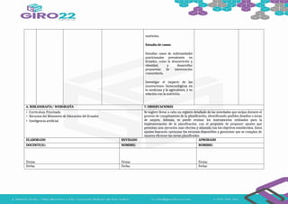 nutrición.
Estudio de casos:
Estudiar casos de enfermedades
nutricionales prevalentes en
Ecuador, como la desnutrición y
obesidad, y desarrollar
propuestas de intervención
comunitaria.
Investigar el impacto de las
innovaciones biotecnológicas en
la medicina y la agricultura, y su
relación con la nutrición.
6. BIBLIOGRAFÍA/ WEBGRAFÍA 7. OBSERVACIONES
• Curriculum Priorizado
• Recursos del Ministerio de Educación del Ecuador
• Inteligencia artificial
Se sugiere llevar a cabo un registro detallado de las novedades que surjan durante el
proceso de cumplimiento de la planificación, identificando posibles desafíos o áreas
de mejora. Además, se puede evaluar los instrumentos utilizados para la
implementación de la planificación, con el propósito de proponer ajustes que
permitan una ejecución más efectiva y alineada con los objetivos establecidos. Estos
ajustes buscarán optimizar los recursos disponibles y garantizar que se cumplan de
manera eficiente las metas planificadas.
ELABORADO REVISADO APROBADO
DOCENTE(S): NOMBRE: NOMBRE:
Firma: Firma: Firma:
Fecha: Fecha: Fecha:
 