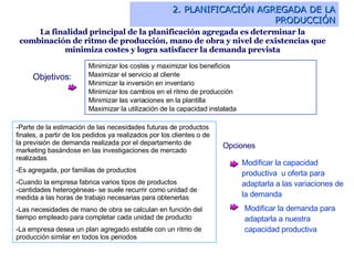 2. PLANIFICACIÓN AGREGADA DE LA PRODUCCIÓN La finalidad principal de la planificación agregada es determinar la combinación de ritmo de producción, mano de obra y nivel de existencias que minimiza costes y logra satisfacer la demanda prevista Objetivos: Minimizar los costes y maximizar los beneficios Maximizar el servicio al cliente Minimizar la inversión en inventario Minimizar los cambios en el ritmo de producción Minimizar las variaciones en la plantilla Maximizar la utilización de la capacidad instalada -Parte de la estimación de las necesidades futuras de productos finales, a partir de los pedidos ya realizados por los clientes o de la previsión de demanda realizada por el departamento de marketing basándose en las investigaciones de mercado realizadas Es agregada, por familias de productos Cuando la empresa fabrica varios tipos de productos -cantidades heterogéneas- se suele recurrir como unidad de medida a las horas de trabajo necesarias para obtenerlas Las necesidades de mano de obra se calculan en función del tiempo empleado para completar cada unidad de producto La empresa desea un plan agregado estable con un ritmo de producción similar en todos los periodos Opciones   Modificar la demanda para adaptarla a nuestra capacidad productiva Modificar la capacidad productiva  u oferta para adaptarla a las variaciones de la demanda 