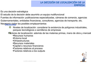 LA DECISIÓN DE LOCALIZACIÓN DE LA EMPRESA Niveles de localización: considerar la existencia de polígonos industriales, parques tecnológicos o semilleros de empresas Es una decisión estratégica El estudio de la decisión debe asumirlo un equipo multifuncional Fuentes de información: publicaciones especializadas, cámaras de comercio, agencias  Gubernamentales , entidades financieras, consultores, agencias de transporte, etc. Necesario visitar los posibles emplazamientos La decisi ó n de localizaci ó n en la empresa   Factores de localización: además de las materias primas, mano de obra y mercado Recursos humanos Entorno local Infraestructuras Recursos materiales Capital o recursos financieros Factores relativos al proceso Factores relativos a los outputs Decisiones 