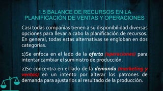 1.5 BALANCE DE RECURSOS EN LA
PLANIFICACIÓN DE VENTAS Y OPERACIONES
Casi todas compañías tienen a su disponibilidad diversas
opciones para llevar a cabo la planificación de recursos.
En general, todas estas alternativas se engloban en dos
categorías.
1)Se enfoca en el lado de la oferta (operaciones) para
intentar cambiar el suministro de producción.
2)Se concentra en el lado de la demanda (marketing y
ventas) en un intento por alterar los patrones de
demanda para ajustarlos al resultado de la producción.
 