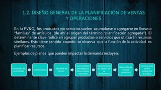 1.2. DISEÑO GENERAL DE LA PLANIFICACIÓN DE VENTAS
Y OPERACIONES
En la PV&O, los productos y/o servicios suelen acumularse o agregarse en líneas o
“familias” de artículos (de ahí el origen del término “planificación agregada”). El
determinante clave radica en agrupar productos o servicios que utilizarán recursos
similares. Esto tiene sentido cuando se observa que la función de la actividad es
planificar recursos.
Ejemplos de planes que pueden impactar la demanda incluyen:
campañas de
promoción
promociones
cambios de
precio
movimientos
estratégicos
hacia nuevos
mercados
movimientos
en contra de
la
competencia
desarrollo de
nuevos
productos
nuevos usos
de los
productos
actuales.
 
