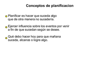 Conceptos de planificacion Planificar es hacer que suceda algo  que de otra manera no sucedería. Ejercer influencia sobre los eventos por venir  a fin de que sucedan según se desee. Qué debo hacer hoy para que mañana  suceda, alcance o logre algo. 