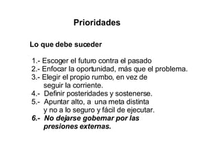 Prioridades Lo que debe suceder   1.- Escoger el futuro contra el pasado   2.- Enfocar la oportunidad, más que el problema.   3.- Elegir el propio rumbo, en vez de seguir la corriente.   4.-  Definir posteridades y sostenerse.   5.-  Apuntar alto, a  una meta distinta y no a lo seguro y fácil de ejecutar.   6.-  No dejarse gobernar por las  presiones   externas .   