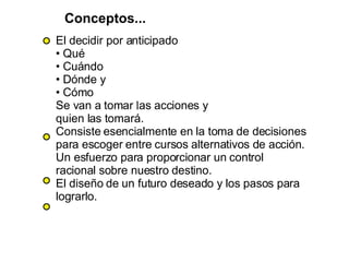 Conceptos... El decidir por anticipado Qué Cuándo Dónde y Cómo Se van a tomar  l as acciones y quien las tomará. Consiste esencialmente en la toma de decisiones para escoger entre cursos alternativos de acción. Un esfuerzo para proporcionar un control  racional sobre nuestro destino.   El diseño de un futuro deseado y los pasos para lograrlo. 