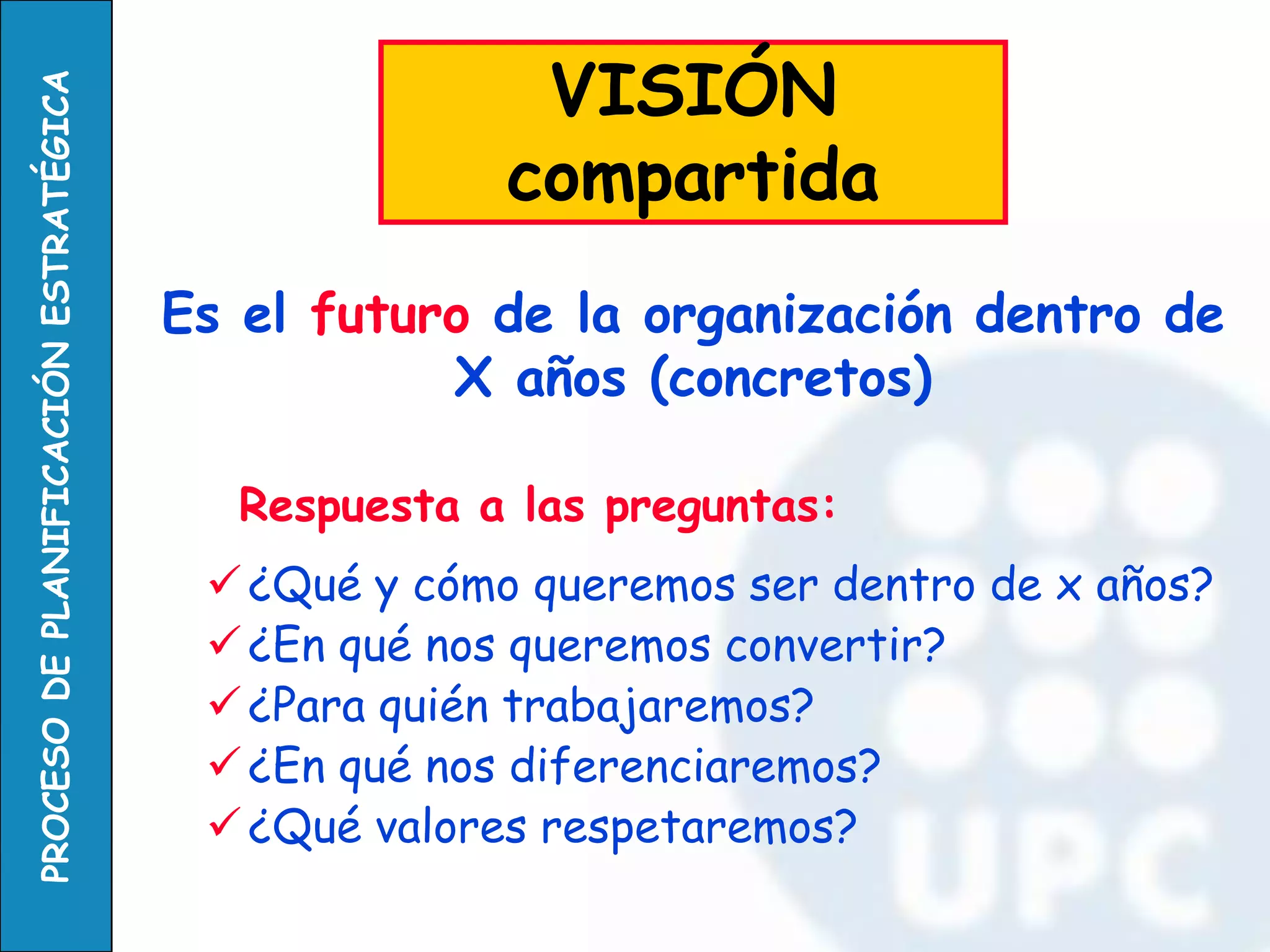 Respuesta a las preguntas: 
¿Qué y cómo queremos ser dentro de x años? 
¿En qué nos queremos convertir? 
¿Para quién trabajaremos? 
¿En qué nos diferenciaremos? 
¿Qué valores respetaremos? 
Es el futuro de la organización dentro de X años (concretos) 
VISIÓN 
compartida  
