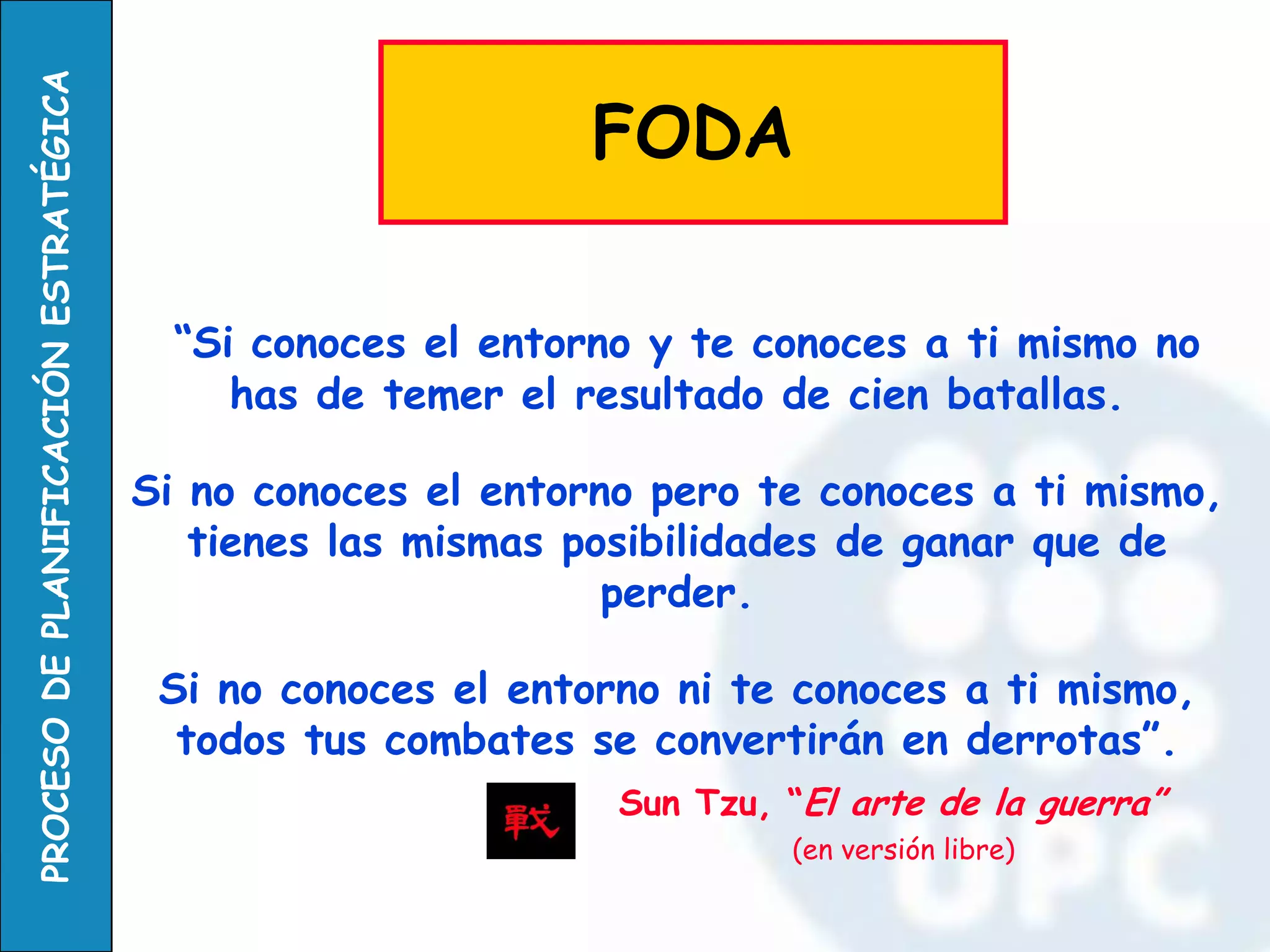 “Si conoces el entorno y te conoces a ti mismo no has de temer el resultado de cien batallas. 
Si no conoces el entorno pero te conoces a ti mismo, tienes las mismas posibilidades de ganar que de perder. 
Si no conoces el entorno ni te conoces a ti mismo, todos tus combates se convertirán en derrotas”. 
Sun Tzu, “El arte de la guerra” 
(en versión libre) 
FODA  