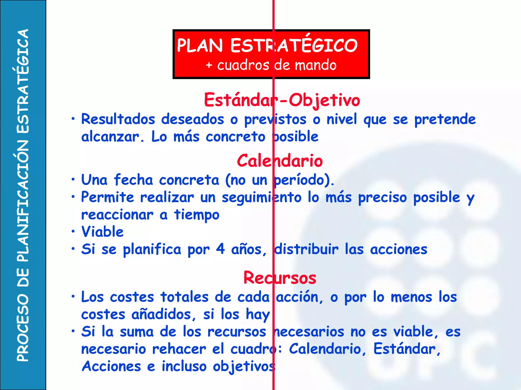 PLAN ESTRATÉGICO 
+ cuadros de mando 
Calendario 
•Una fecha concreta (no un período). 
•Permite realizar un seguimiento lo más preciso posible y reaccionar a tiempo 
•Viable 
•Si se planifica por 4 años, distribuir las acciones 
Recursos 
•Los costes totales de cada acción, o por lo menos los costes añadidos, si los hay 
•Si la suma de los recursos necesarios no es viable, es necesario rehacer el cuadro: Calendario, Estándar, Acciones e incluso objetivos 
Estándar-Objetivo 
•Resultados deseados o previstos o nivel que se pretende alcanzar. Lo más concreto posible  