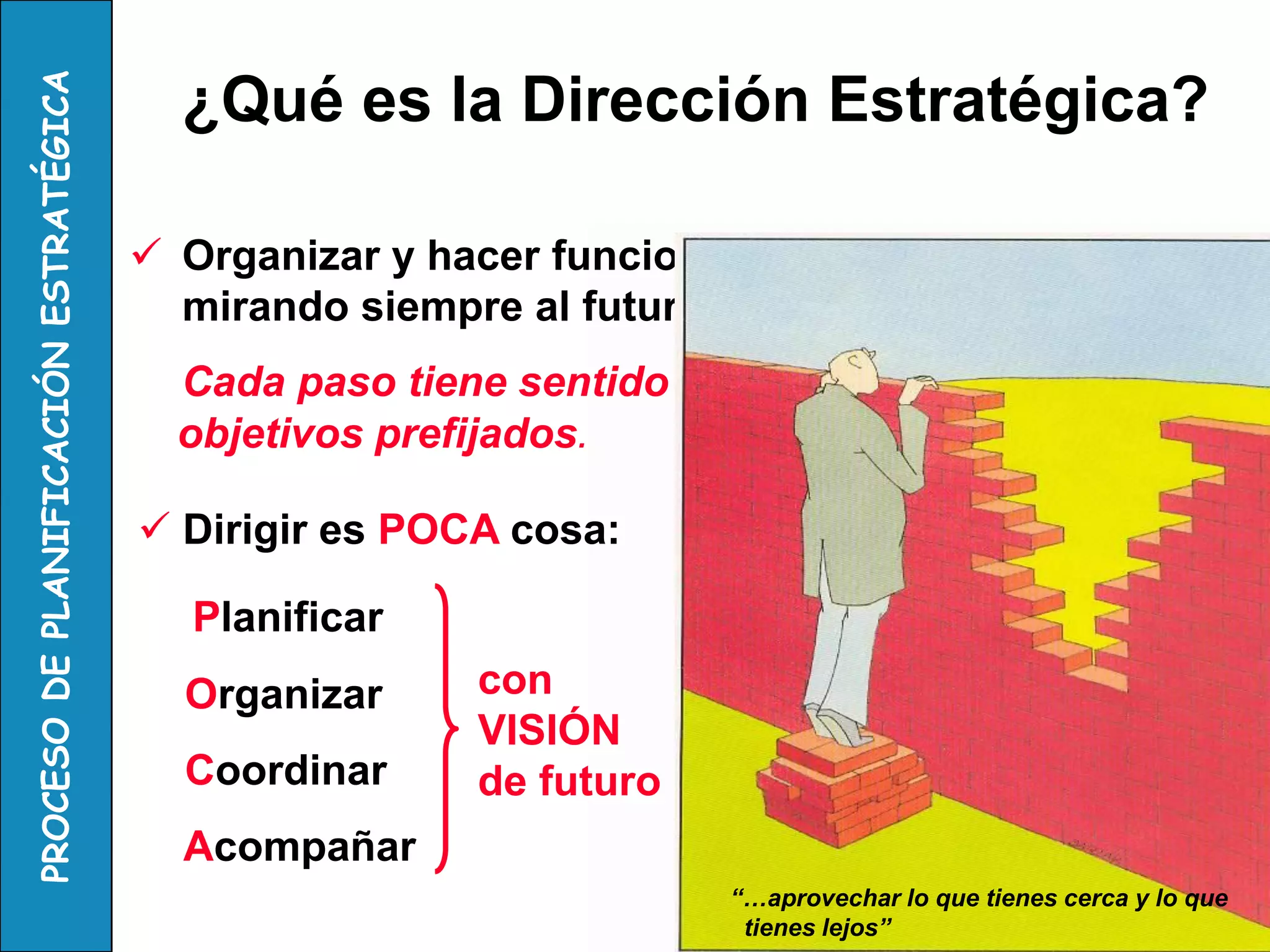 Organizar y hacer funcionar la organización mirando siempre al futuro 
Cada paso tiene sentido en función de los 
objetivos prefijados. 
Planificar 
Organizar 
Coordinar 
Acompañar 
con 
VISIÓN 
de futuro 
¿Qué es la Dirección Estratégica? 
“La estrategia es la gran tarea de la organización. En situaciones de vida o muerte es el Tao de la supervivencia o de la extinción.” El arte de la Guerra. Sun Tzu. 500 a.C. 
“No hay nada 
más difícil y 
más necesario que saber aprovechar lo que tienes cerca y lo 
que tienes lejos.” 
El arte de la Guerra. Sun Tzu 
“…aprovechar lo que tienes cerca y lo que 
tienes lejos” 
 Dirigir es POCA cosa:  