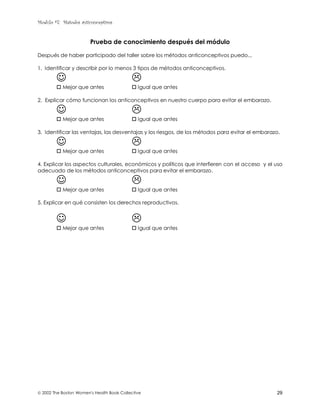 Modulo #7: Métodos anticonceptivos
 2002 The Boston Women's Health Book Collective 29
Prueba de conocimiento después del módulo
Después de haber participado del taller sobre los métodos anticonceptivos puedo...
1. Identificar y describir por lo menos 3 tipos de métodos anticonceptivos.
☺ )
* Mejor que antes * Igual que antes
2. Explicar cómo funcionan los anticonceptivos en nuestro cuerpo para evitar el embarazo.
☺ )
* Mejor que antes * Igual que antes
3. Identificar las ventajas, las desventajas y los riesgos, de los métodos para evitar el embarazo.
☺ )
* Mejor que antes * Igual que antes
4. Explicar los aspectos culturales, económicos y políticos que interfieren con el acceso y el uso
adecuado de los métodos anticonceptivos para evitar el embarazo.
☺ )
* Mejor que antes * Igual que antes
5. Explicar en qué consisten los derechos reproductivos.
☺ )
* Mejor que antes * Igual que antes
 