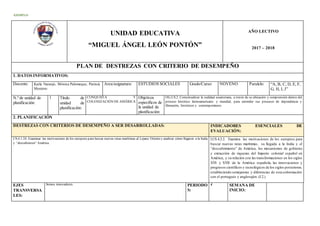 EJEMPLO
UNIDAD EDUCATIVA
“MIGUEL ÁNGEL LEÓN PONTÓN”
AÑO LECTIVO
2017 – 2018
PLAN DE DESTREZAS CON CRITERIO DE DESEMPEÑO
1. DATOS INFORMATIVOS:
Docente: Karla Naranjo, Mónica Palomeque, Patricia
Montero
Área/asignatura: ESTUDIOS SOCIALES Grado/Curso: NOVENO Paralelo: “A, B, C, D, E, F,
G, H, I, J”
N.º de unidad de
planificación:
1 Título de
unidad de
planificación:
CONQUISTA Y
COLONIZACIÓN DE AMÉRICA
Objetivos
específicos de
la unidad de
planificación:
OG.CS.2. Contextualizar la realidad ecuatoriana, a través de su ubicación y comprensión dentro del
proceso histórico latinoamericano y mundial, para entender sus procesos de dependencia y
liberación, históricos y contemporáneos.
2. PLANIFICACIÓN
DESTREZAS CON CRITERIOS DE DESEMPEÑO A SER DESARROLLADAS: INDICADORES ESENCIALES DE
EVALUACIÓN:
CS.4.1.24. Examinar las motivaciones de los europeos para buscar nuevas rutas marítimas al Lejano Orientey analizar cómo llegaron a la India
y “descubrieron” América.
I.CS.4.2.2. Examina las motivaciones de los europeos para
buscar nuevas rutas marítimas, su llegada a la India y el
“descubrimiento” de América, los mecanismos de gobierno
y extracción de riquezas del Imperio colonial español en
América, y su relación con las transformaciones en los siglos
XVI y XVII de la América española, las innovaciones y
progresos científicos y tecnológicos de los siglos posteriores,
estableciendo semejanzas y diferencias de esta colonización
con el portugués y anglosajón. (I.2.)
EJES
TRANSVERSA
LES:
Somos innovadores PERIODO
S:
4 SEMANA DE
INICIO:
 