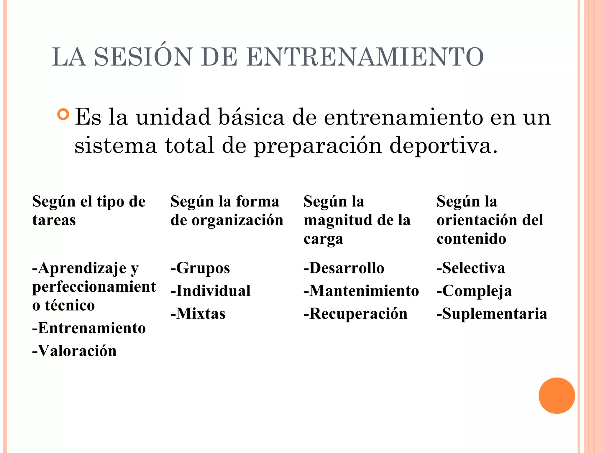 LA SESIÓN DE ENTRENAMIENTO
 Es la unidad básica de entrenamiento en un
sistema total de preparación deportiva.
Según el tipo de
tareas
Según la forma
de organización
Según la
magnitud de la
carga
Según la
orientación del
contenido
-Aprendizaje y
perfeccionamient
o técnico
-Entrenamiento
-Valoración
-Grupos
-Individual
-Mixtas
-Desarrollo
-Mantenimiento
-Recuperación
-Selectiva
-Compleja
-Suplementaria
 