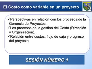 El Costo como variable en un proyecto SESIÓN NÚMERO 1 Perspectivas en relación con los procesos de la Gerencia de Proyectos. Los procesos de la gestión del Costo (Dirección y Organización). Relación entre costos, flujo de caja y progreso del proyecto. 
