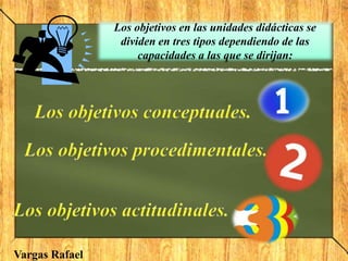 Los objetivos en las unidades didácticas se
                 dividen en tres tipos dependiendo de las
                     capacidades a las que se dirijan:




Vargas Rafael
 