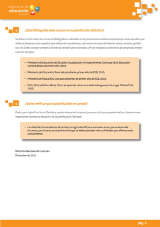 4.	      ¿Qué bibliografía debe constar en la planificación didáctica?

Se deben incluir todos los recursos bibliográficos utilizados en el proceso de enseñanza-aprendizaje, tanto aquellos que
utilice el docente como aquellos que utilicen los estudiantes, sean estos recursos de Internet, textos, revistas, periódi-
cos, etc. Debe constar siempre la fuente de dónde fueron tomados a fin de respetar los derechos de propiedad intelec-
tual. Por ejemplo:


        • Ministerio de Educación del Ecuador, Actualización y Fortalecimiento Curricular de la Educación
          General Básica de primer año, 2010.

        • Ministerio de Educación, Texto del estudiante, primer año de EGB, 2010.

        • Ministerio de Educación, Guía para docentes de primer año de EGB, 2010.

        • Ortiz, Dora y Robino, Alicia, Cómo se aprende, cómo se enseña la lengua escrita, Lugar Editorial S.A.,
          2003.




5.	      ¿Cómo verificar que la planificación se cumple?

Dado que la planificación es flexible y puede adaptarse durante el proceso, el docente puede realizar observaciones
importantes durante la ejecución de la planificación. Ejemplo:


        • La mitad de los estudiantes de la clase no logró identificar el escenario en el que se desarrolla
          el cuento, por lo tanto, en el próximo bloque se deben plantear más actividades que afiancen este
          conocimiento.




Dirección Nacional de Currículo
Diciembre de 2011




                                                                                                                      pág. 5
 