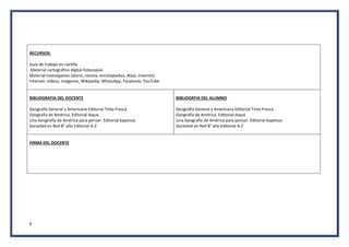6
RECURSOS:
Guía de trabajo en cartilla
Material cartográfico digital-fotocopias
Material investigativo (diario, revista, enciclopedias, Atlas, internet)
Internet: vídeos, imágenes, Wikipedia, WhatsApp, Facebook; YouTube
BIBLIOGRAFIA DEL DOCENTE
Geografía General y Americana Editorial Tinta Fresca
Geografía de América. Editorial Aique
Una Geografía de América para pensar. Editorial kapelusz
Sociedad en Red 8° año Editorial A-Z
BIBLIOGRFIA DEL ALUMNO
Geografía General y Americana Editorial Tinta Fresca
Geografía de América. Editorial Aique
Una Geografía de América para pensar. Editorial kapelusz
Sociedad en Red 8° año Editorial A-Z
FIRMA DEL DOCENTE
 