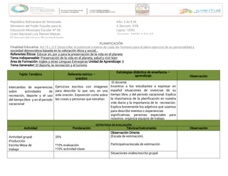 República Bolivariana de Venezuela
Ministerio del Poder Popular para la
Educación Municipio Escolar Nº 06
Liceo Nacional Luis Ramón Matute
El Amparo-Municipio Ricaurte-Estado
Año: 2 do E.M.
G Sección: AYB
Lapso: 1ERO.
Docente: ANGELA SALAS
PLANIFICACIÓN
Finalidad Educativa: Art.15 L.O.E Desarrollar el potencial creativo de cada ser humano para el pleno ejercicio de su personalidad y
ciudadanía, en una
sociedad democrática basada en la valoración ética y social…
Referentes Éticos: Educar en, por y para la preservación de la vida en el planeta
Tema Indispensable: Preservación de la vida en el planeta, salud y vivir bien
Área de Formación: Unidad de Aprendizaje:
Ingles y otras Lenguas Extranjeras II
Tema Generador: El deporte, la recreación y el turismo
Tejido Temático Referente teórico –
practico
Estrategias didáctica de enseñanza –
aprendizaje Observación
Intercambio de experiencias
sobre actividades de
recreación, deporte y el uso
del tiempo libre y en el periodo
vacacional
Ejercicios escritos con imágenes
para describir lo que ven, en una
sola oración. Exposición corta sobre
las cosas y personas que extrañan
El docente:
Incentiva a los estudiantes a expresar en
español situaciones de vivencias de su
tiempo libre, y del periodo vacacional. Explica
la importancia de la planificación en nuestra
vida diaria y la importancia de la recreación.
Explica brevemente los adjetivos que usamos
para describir eventos o experiencias
significativas, personas especiales para
nosotros. organiza equipos de trabajo
ESTRATEGIA DE EVALUACIÓN
Actividad Ponderación Técnica/Instrumento Observación
Actividad grupal
Producción
Escrita Mesa de
trabajo
20%
*10% evaluación
*10% actividad clase
Observación Directa
(Escala de estimación)
Participativa/escala de estimación
Situaciones orales/escrita grupal
 