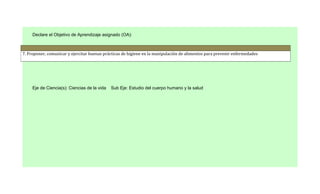 Declare el Objetivo de Aprendizaje asignado (OA):



7. Proponer, comunicar y ejercitar buenas prácticas de higiene en la manipulación de alimentos para prevenir enfermedades




     Eje de Ciencia(s): Ciencias de la vida   Sub Eje: Estudio del cuerpo humano y la salud
 