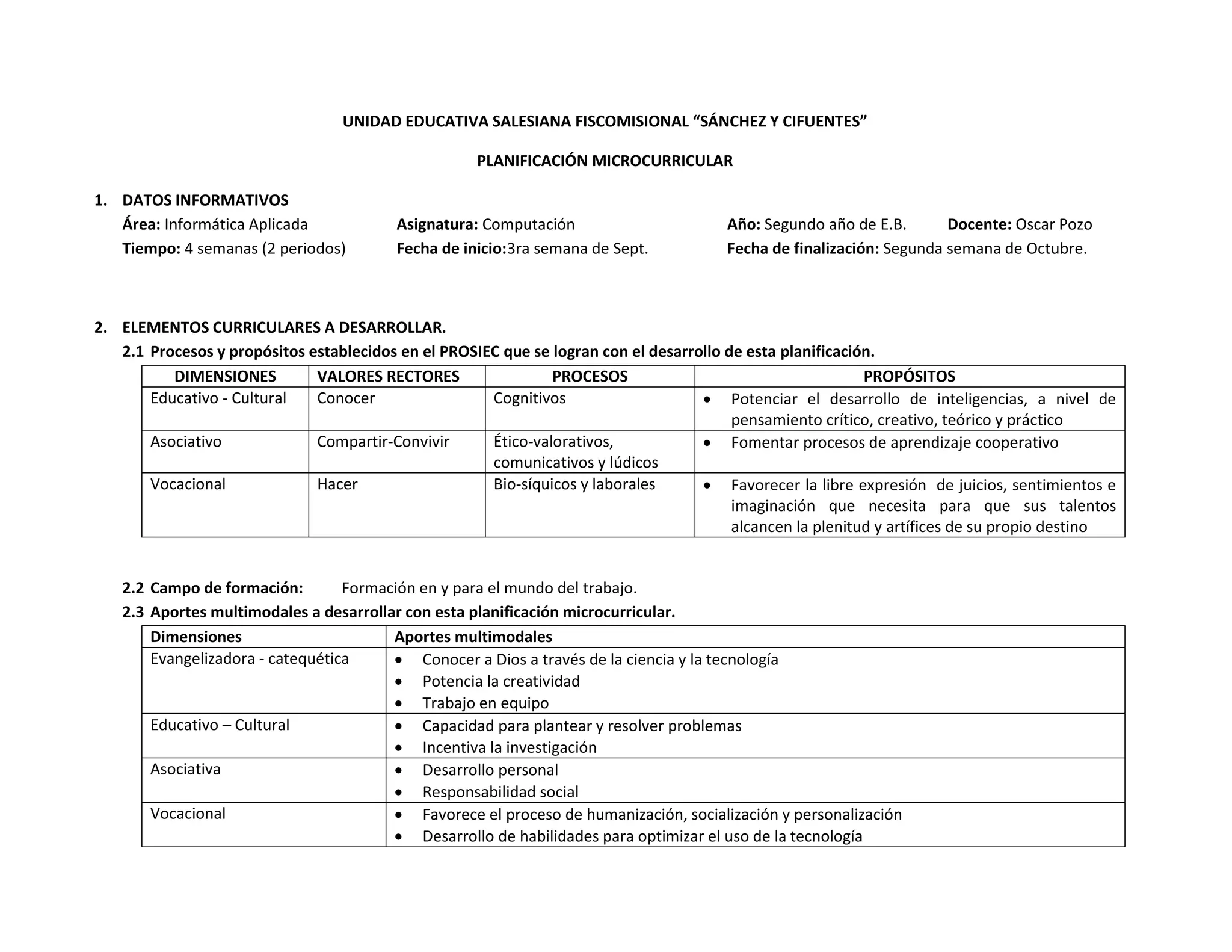 UNIDAD EDUCATIVA SALESIANA FISCOMISIONAL “SÁNCHEZ Y CIFUENTES”

                                                     PLANIFICACIÓN MICROCURRICULAR

1. DATOS INFORMATIVOS
   Área: Informática Aplicada             Asignatura: Computación                      Año: Segundo año de E.B.       Docente: Oscar Pozo
   Tiempo: 4 semanas (2 periodos)         Fecha de inicio:3ra semana de Sept.          Fecha de finalización: Segunda semana de Octubre.



2. ELEMENTOS CURRICULARES A DESARROLLAR.
   2.1 Procesos y propósitos establecidos en el PROSIEC que se logran con el desarrollo de esta planificación.
          DIMENSIONES         VALORES RECTORES                 PROCESOS                                     PROPÓSITOS
       Educativo - Cultural   Conocer                 Cognitivos                     Potenciar el desarrollo de inteligencias, a nivel de
                                                                                         pensamiento crítico, creativo, teórico y práctico
       Asociativo             Compartir-Convivir      Ético-valorativos,             Fomentar procesos de aprendizaje cooperativo
                                                      comunicativos y lúdicos
       Vocacional             Hacer                   Bio-síquicos y laborales       Favorecer la libre expresión de juicios, sentimientos e
                                                                                         imaginación que necesita para que sus talentos
                                                                                         alcancen la plenitud y artífices de su propio destino


   2.2 Campo de formación:        Formación en y para el mundo del trabajo.
   2.3 Aportes multimodales a desarrollar con esta planificación microcurricular.
       Dimensiones                      Aportes multimodales
       Evangelizadora - catequética      Conocer a Dios a través de la ciencia y la tecnología
                                         Potencia la creatividad
                                         Trabajo en equipo
       Educativo – Cultural              Capacidad para plantear y resolver problemas
                                         Incentiva la investigación
       Asociativa                        Desarrollo personal
                                         Responsabilidad social
       Vocacional                        Favorece el proceso de humanización, socialización y personalización
                                         Desarrollo de habilidades para optimizar el uso de la tecnología
 