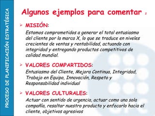 Algunos ejemplos para comentar  2 MISIÓN :  Estamos comprometidos a generar el total entusiasmo del cliente por la marca X, lo que se traduce en niveles crecientes de ventas y rentabilidad, actuando con integridad y entregando productos competitivos de calidad mundial. VALORES COMPARTIDOS :  Entusiasmo del Cliente, Mejora Continua, Integridad, Trabajo en Equipo, Innovación, Respeto y Responsabilidad individual VALORES CULTURALES :  Actuar con sentido de urgencia, actuar como una sola compañía, resaltar nuestro producto y enfocarlo hacia el cliente, objetivos agresivos 